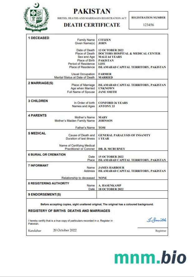 Pakistan śmierć certyfikat Word i PDF szablon